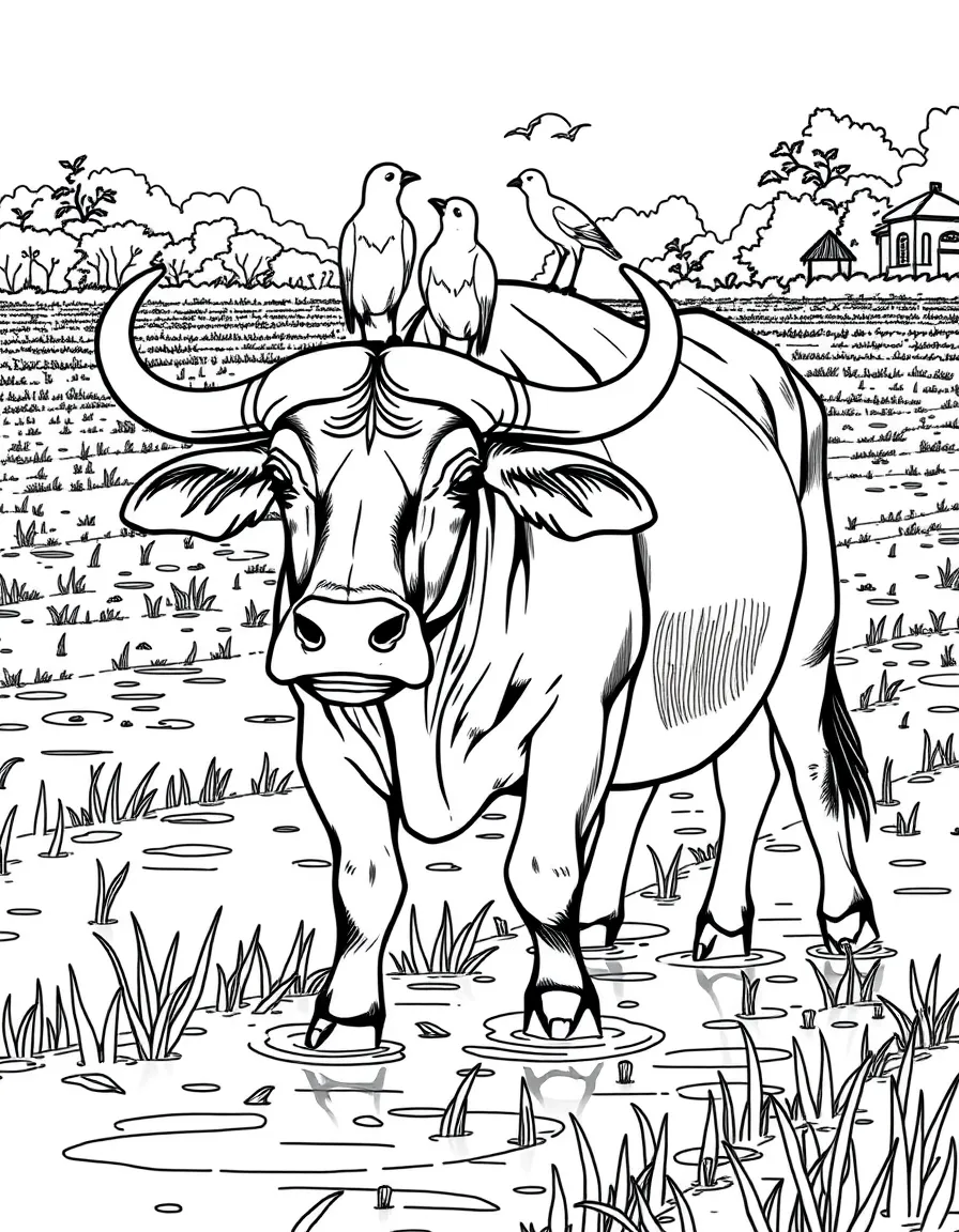 (Thailand) A water buffalo standing in a muddy rice field with white birds perched on its back.