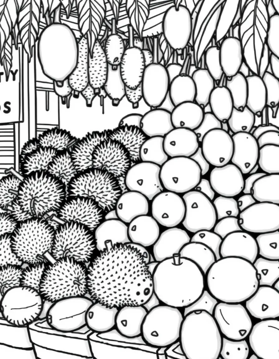 (Thailand) A market stall piled high with tropical fruits like durian, mangoes, and rambutan.