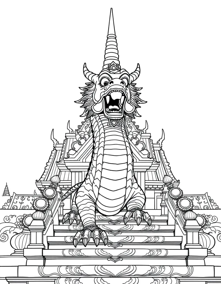 (Thailand) A dragon-like Naga serpent statue guarding the steps of a Thai temple.