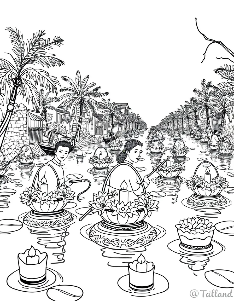 (Thailand) People floating flower-decorated baskets with candles on a river for Loy Krathong festival.
