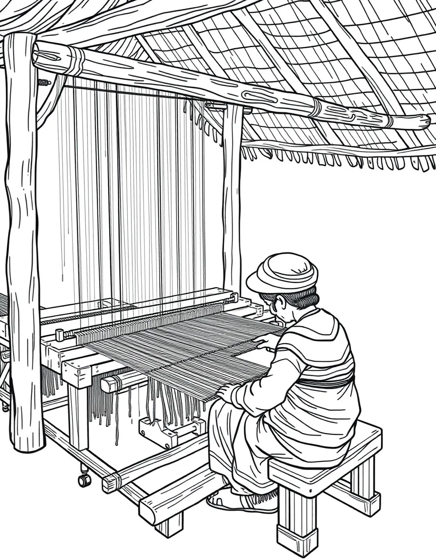 (Thailand) Thai silk weavers working at a wooden loom with vibrant silk threads.