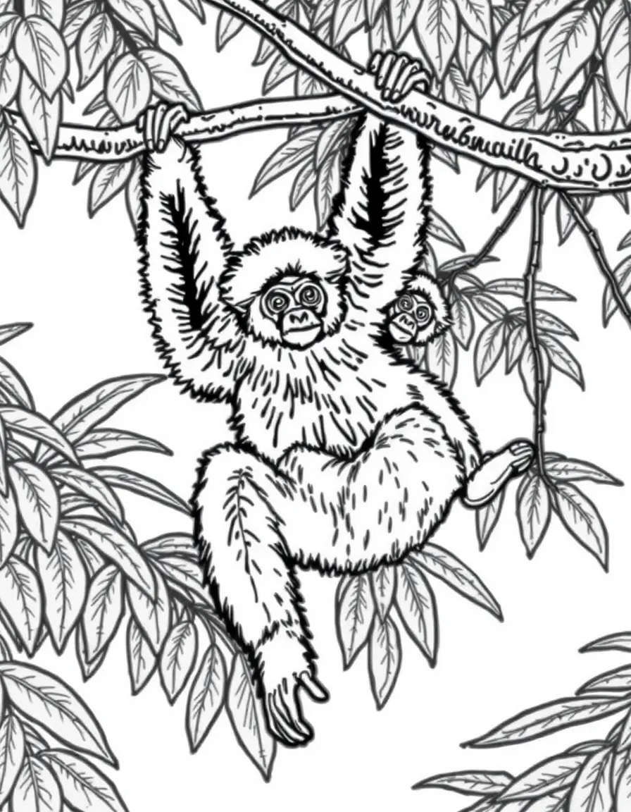 (Thailand) A pair of gibbons swinging between tree branches in a lush Thai rainforest.