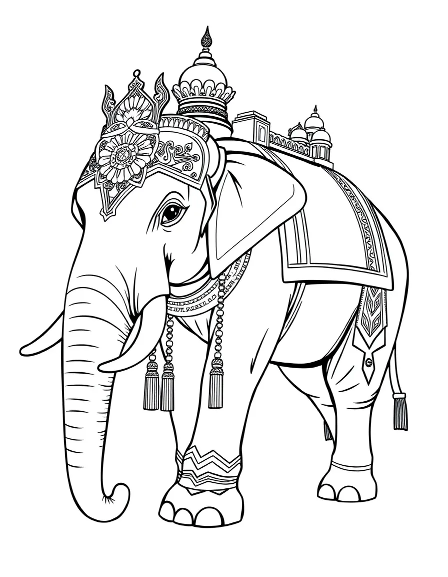 (Thailand) A royal white elephant decorated with ornate cloth for a ceremonial procession.