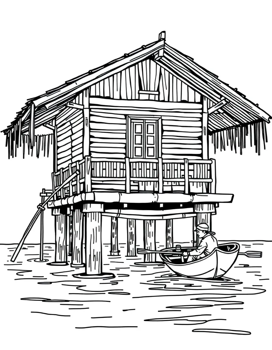 (Thailand) A traditional wooden stilt house built over water with a fisherman paddling nearby.