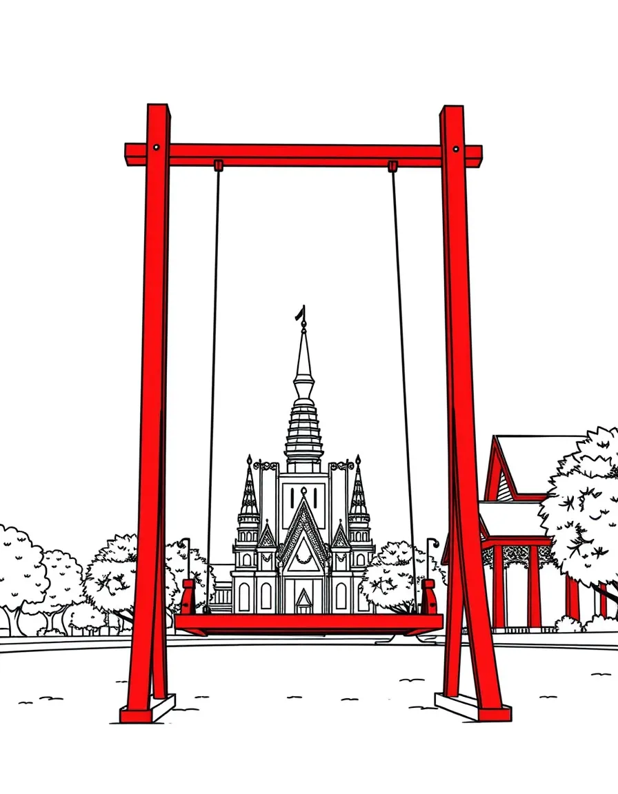 (Thailand) The Giant Swing (tall red swing frame) standing in Bangkok near a temple.