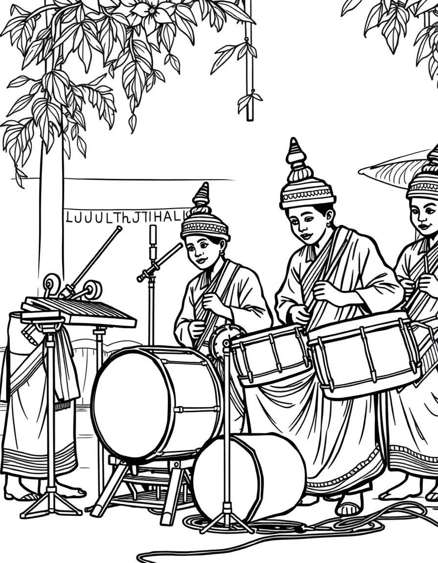 (Thailand) A group of musicians playing traditional Thai instruments like a xylophone and drums at a village festival.