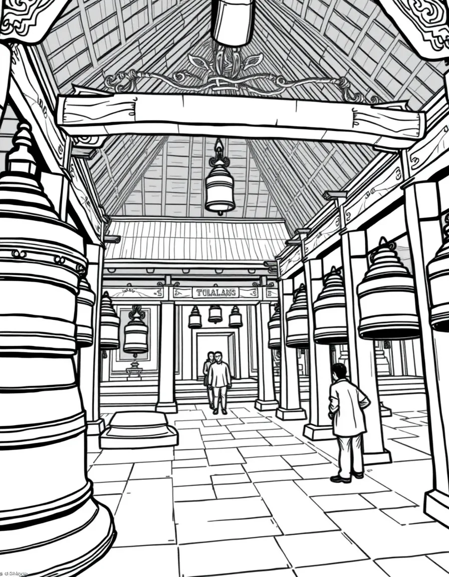 (Thailand) A Buddhist temple courtyard with many bronze bells that visitors can ring.