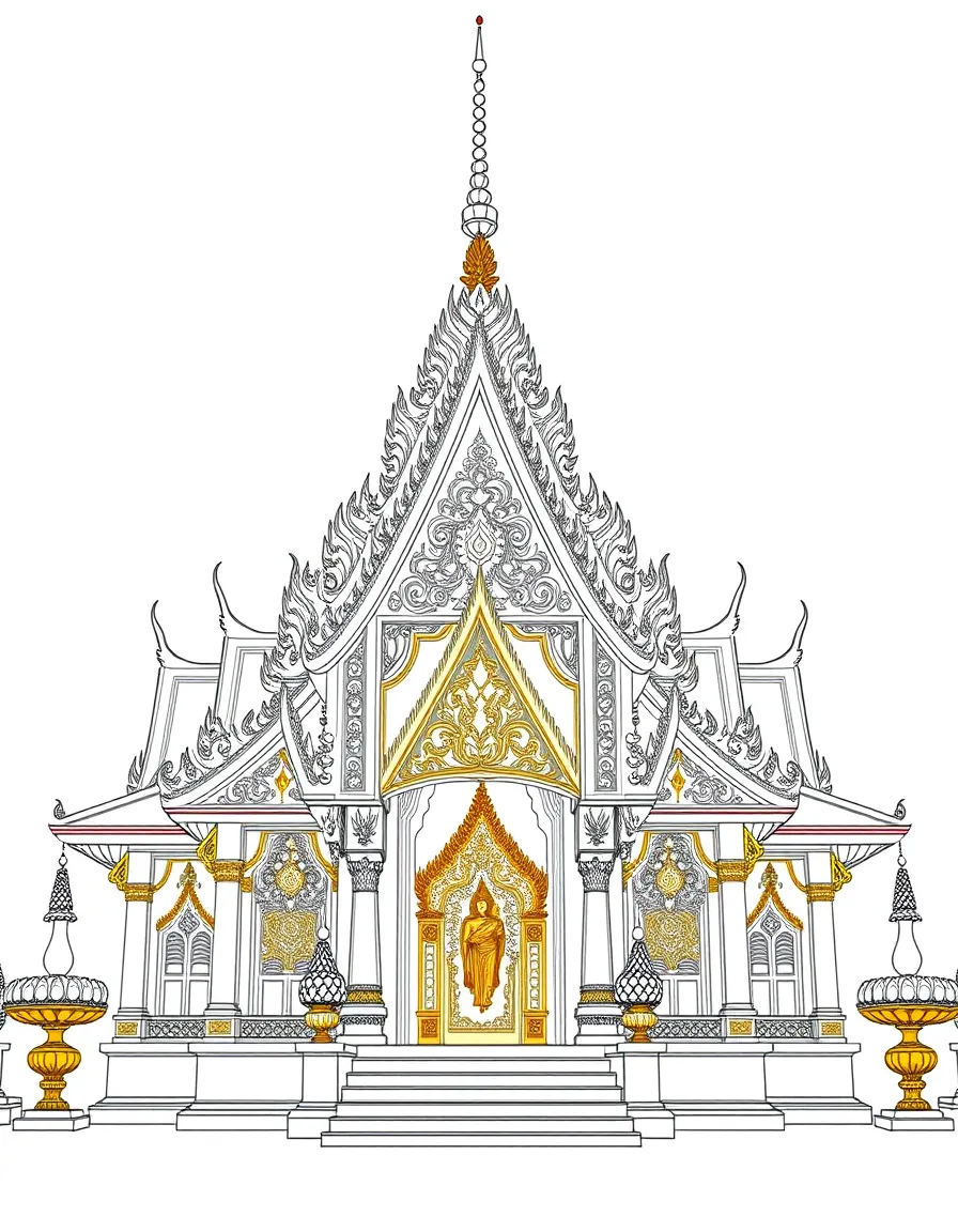 (Thailand) An ornate Thai throne hall with intricate roof details and golden accents.