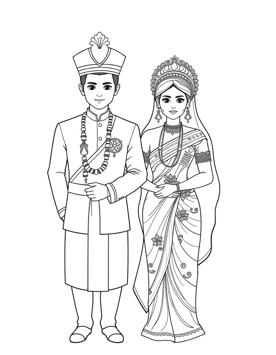(Thailand) A bride and groom wearing elegant traditional Thai wedding outfits.