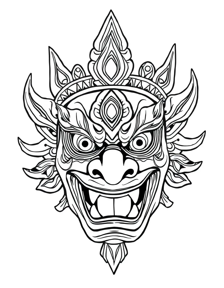 (Thailand) A fierce-looking mask used in classical Thai dance dramas, with bright colors and designs.