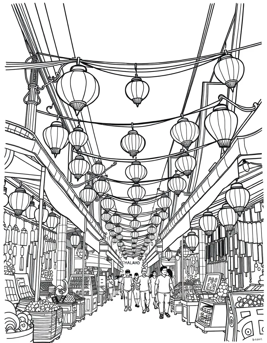 (Thailand) A street in Chiang Mai’s Night Bazaar with hanging lanterns and stalls selling crafts.