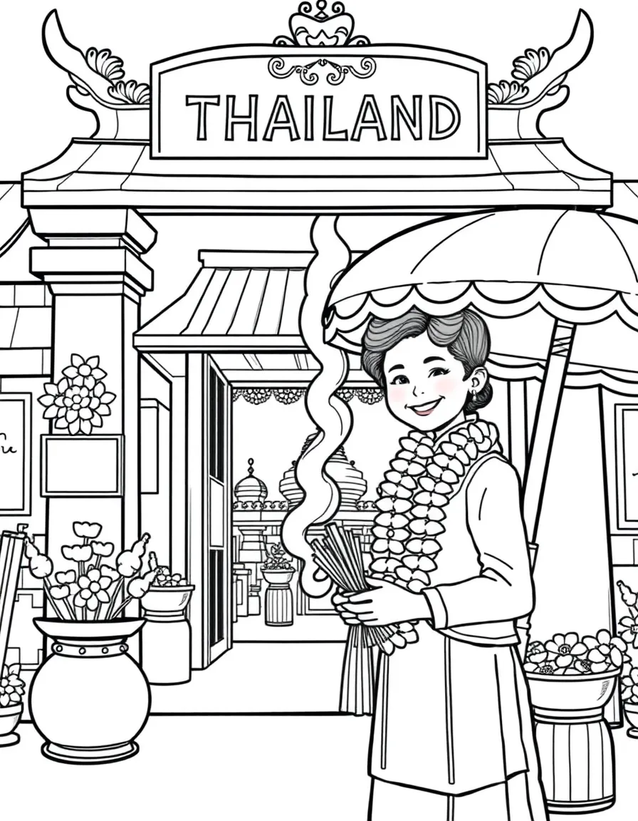(Thailand) A smiling vendor selling fragrant flower garlands and incense at a temple gate.