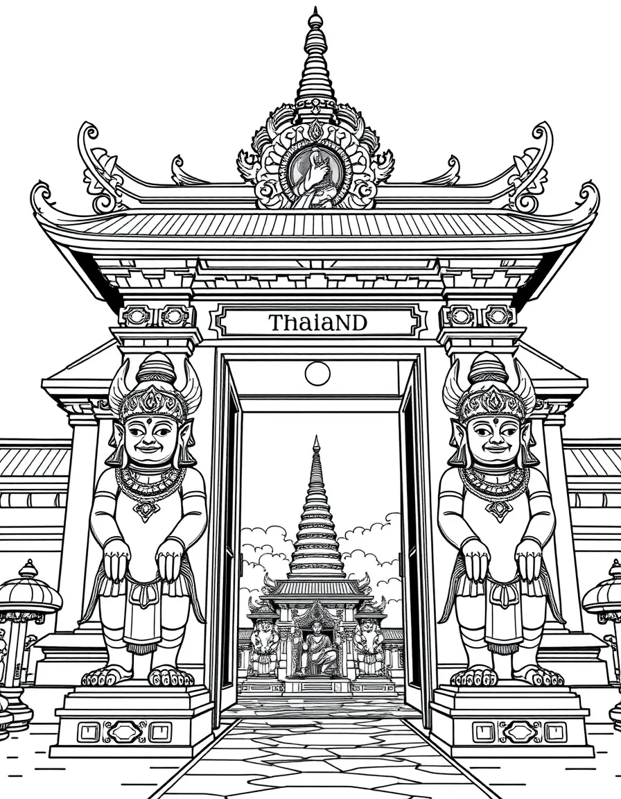 (Thailand) A majestic temple gate guarded by two giant yaksha statues at the entrance.