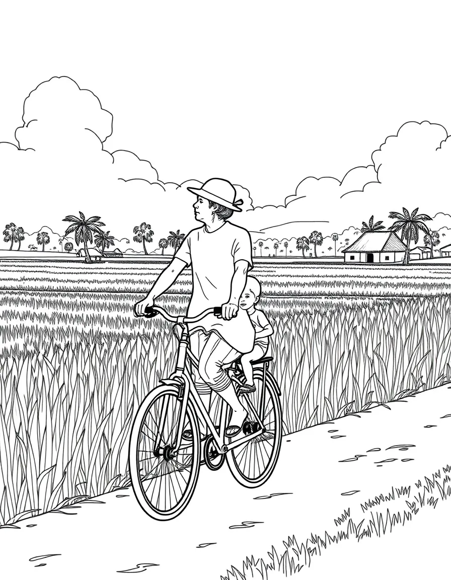 (Thailand) A mother riding a bicycle with her child past green rice fields in a village.