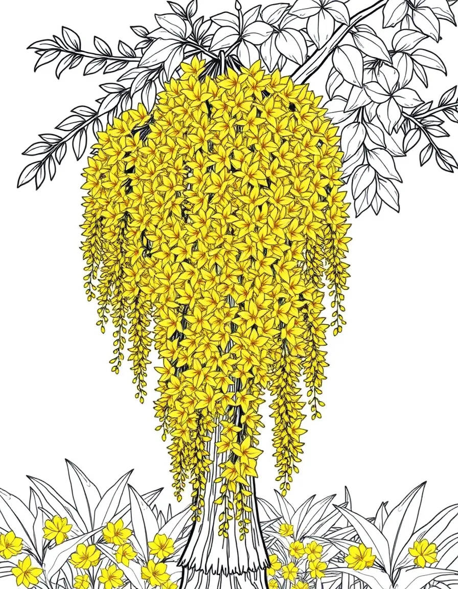 (Thailand) A tree with cascading bunches of bright yellow ratchaphruek flowers, Thailand’s national blossom.