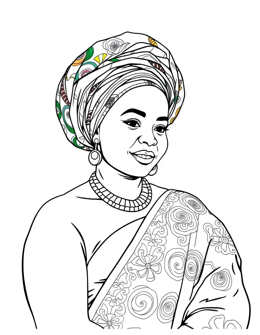 (Nigeria) A Yoruba woman wearing a bright traditional dress with a colorful gele headwrap.