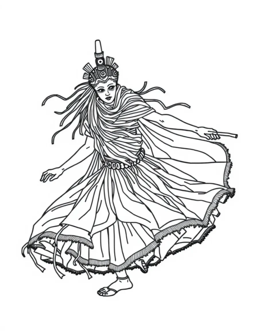 (Nigeria) A masked Egungun dancer covered in layers of vivid cloth strips twirling around.