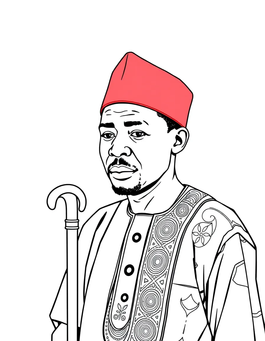 (Nigeria) An Igbo man wearing a red cap and traditional patterned shirt (isi agu) with a walking stick.