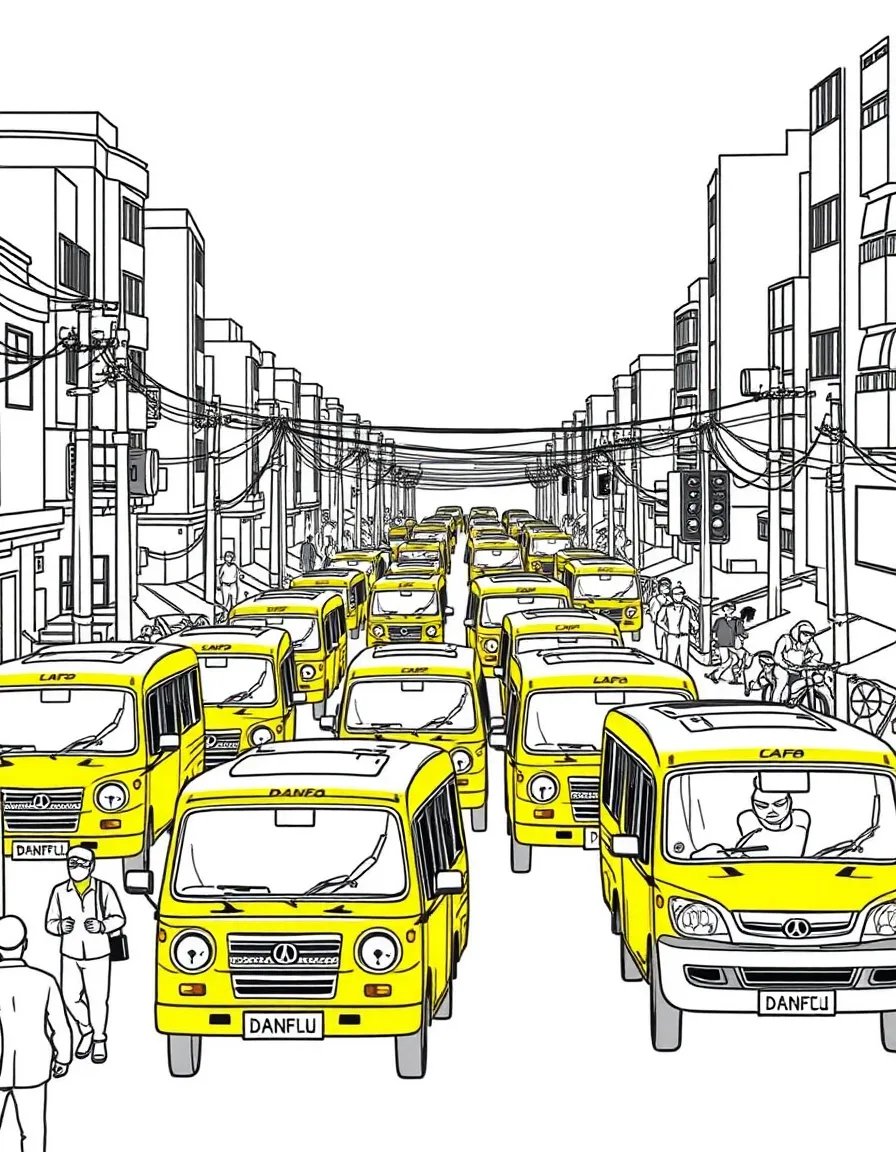 (Nigeria) A busy Lagos street with yellow danfo minibuses and people bustling about.