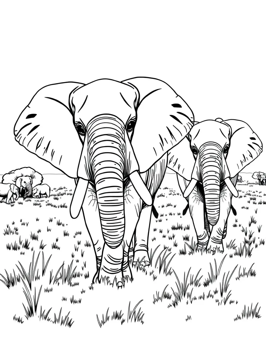 (Nigeria) Two large elephants walking through the savanna grasslands of Yankari National Park.