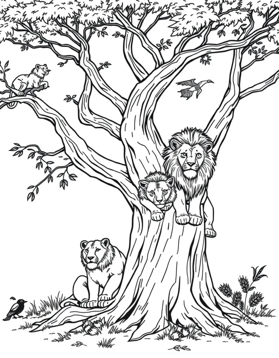 (Nigeria) A family of lions resting under a tree on a hot day in a Nigerian wildlife park.