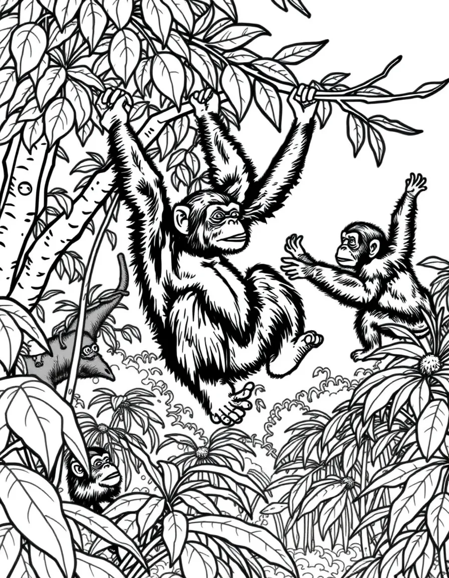 (Nigeria) Chimpanzees swinging and playing in the trees of a Nigerian rainforest.