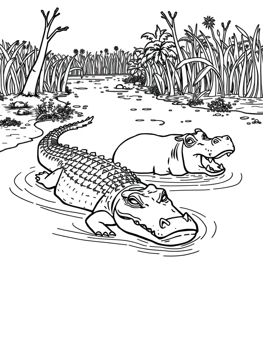 (Nigeria) A crocodile and a hippo in a muddy river at the edge of a swamp in Nigeria.