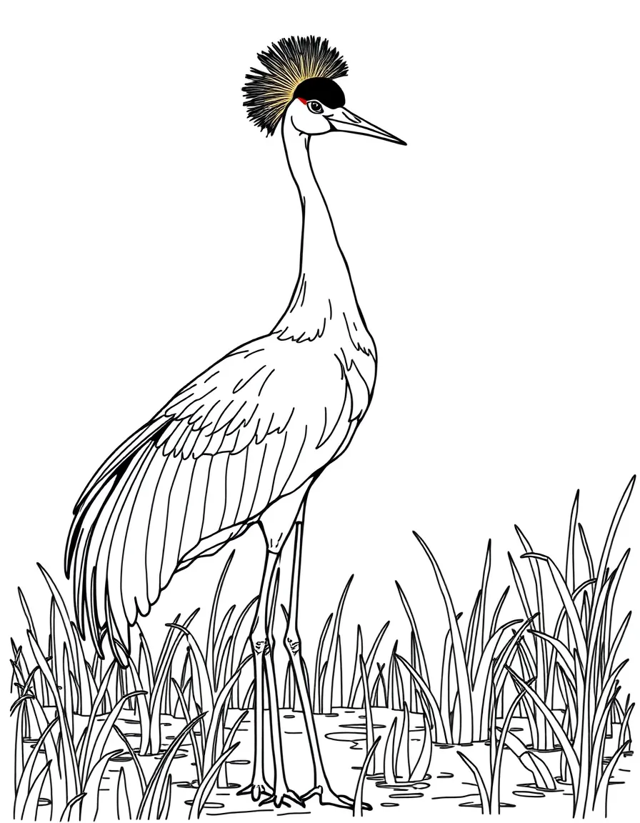 (Nigeria) A graceful black-crowned crane with a golden tuft, standing in a wetland.
