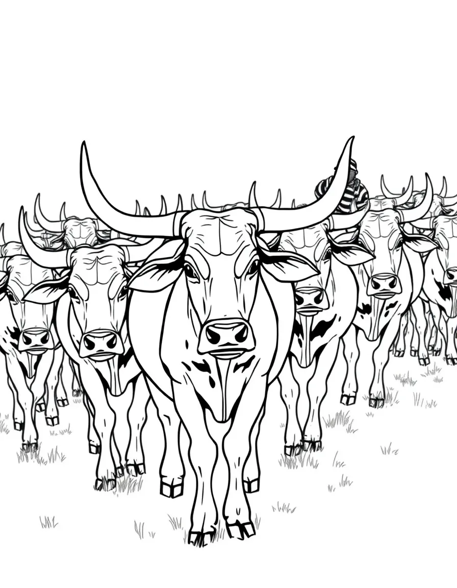 (Nigeria) A herd of cattle with very large horns being guided by a Fulani herder.