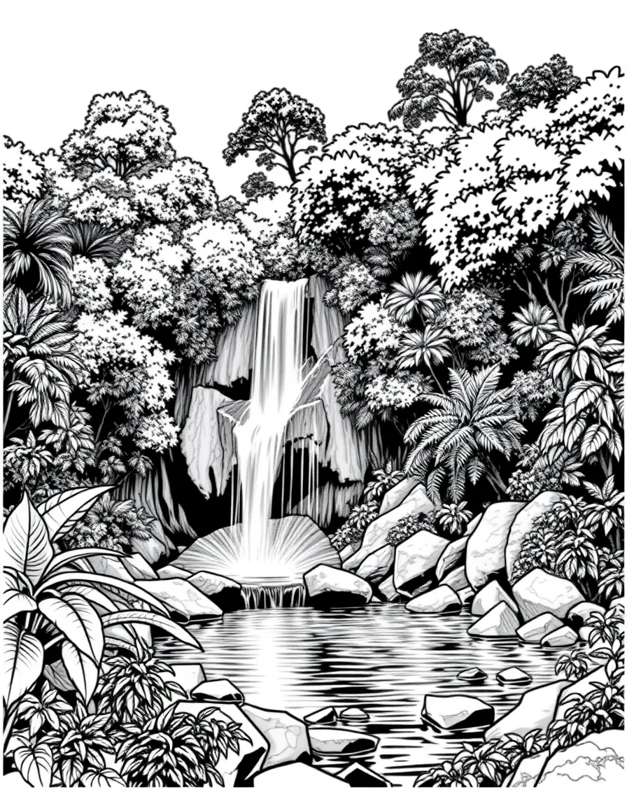 (Nigeria) A waterfall cascading over rocks into a pool in a lush green Nigerian forest.