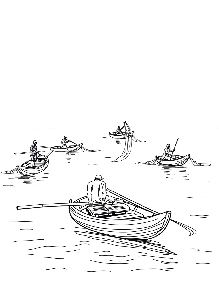 (Nigeria) Wooden canoes floating on the Niger Delta waters with fishermen casting nets.
