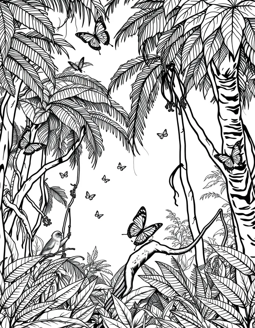 (Nigeria) A tropical rainforest scene with dense trees, butterflies, and monkeys in Nigeria.