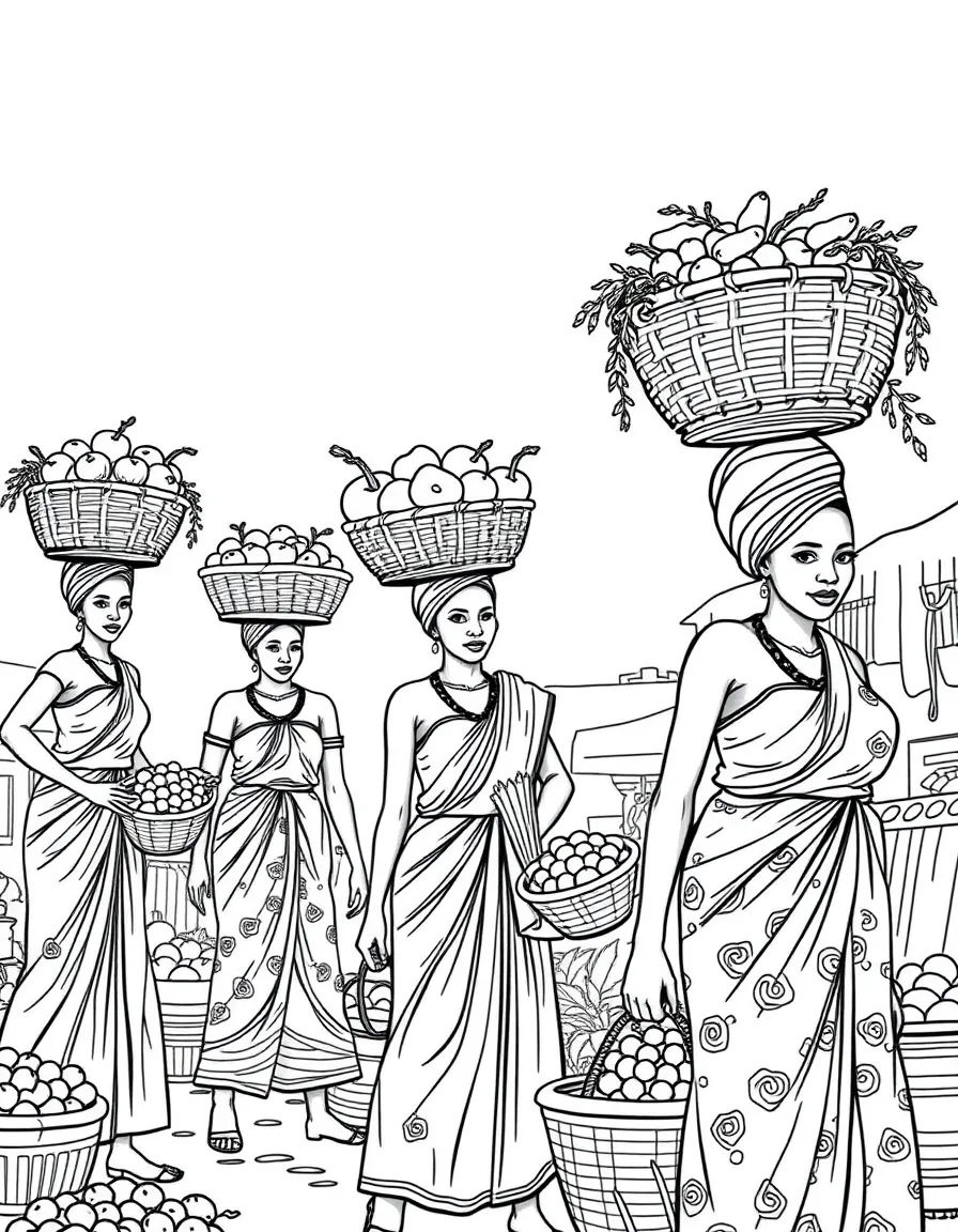 (Nigeria) Women at an outdoor market carrying baskets of fruit and vegetables on their heads.