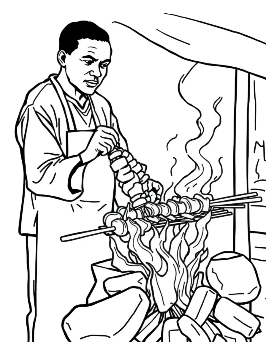 (Nigeria) A street food vendor grilling spicy suya meat skewers over a charcoal fire.