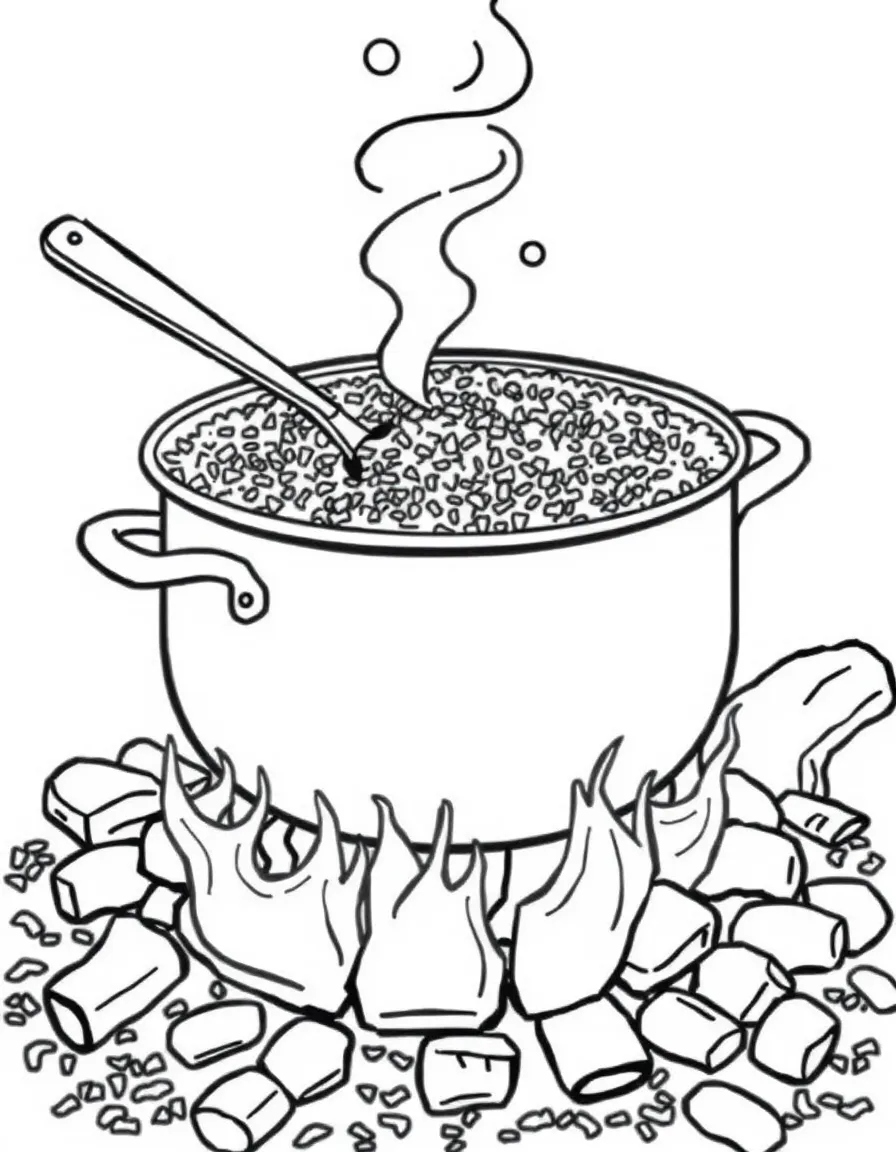 (Nigeria) A big pot of jollof rice cooking over a fire with a spoon for stirring.