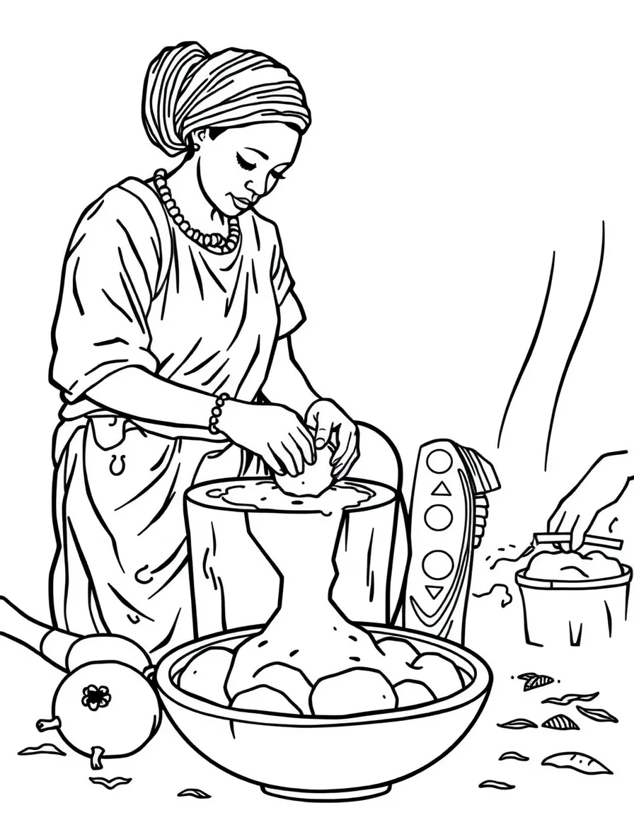 (Nigeria) A woman pounding yam in a wooden mortar to make fufu, with a bowl of yams nearby.