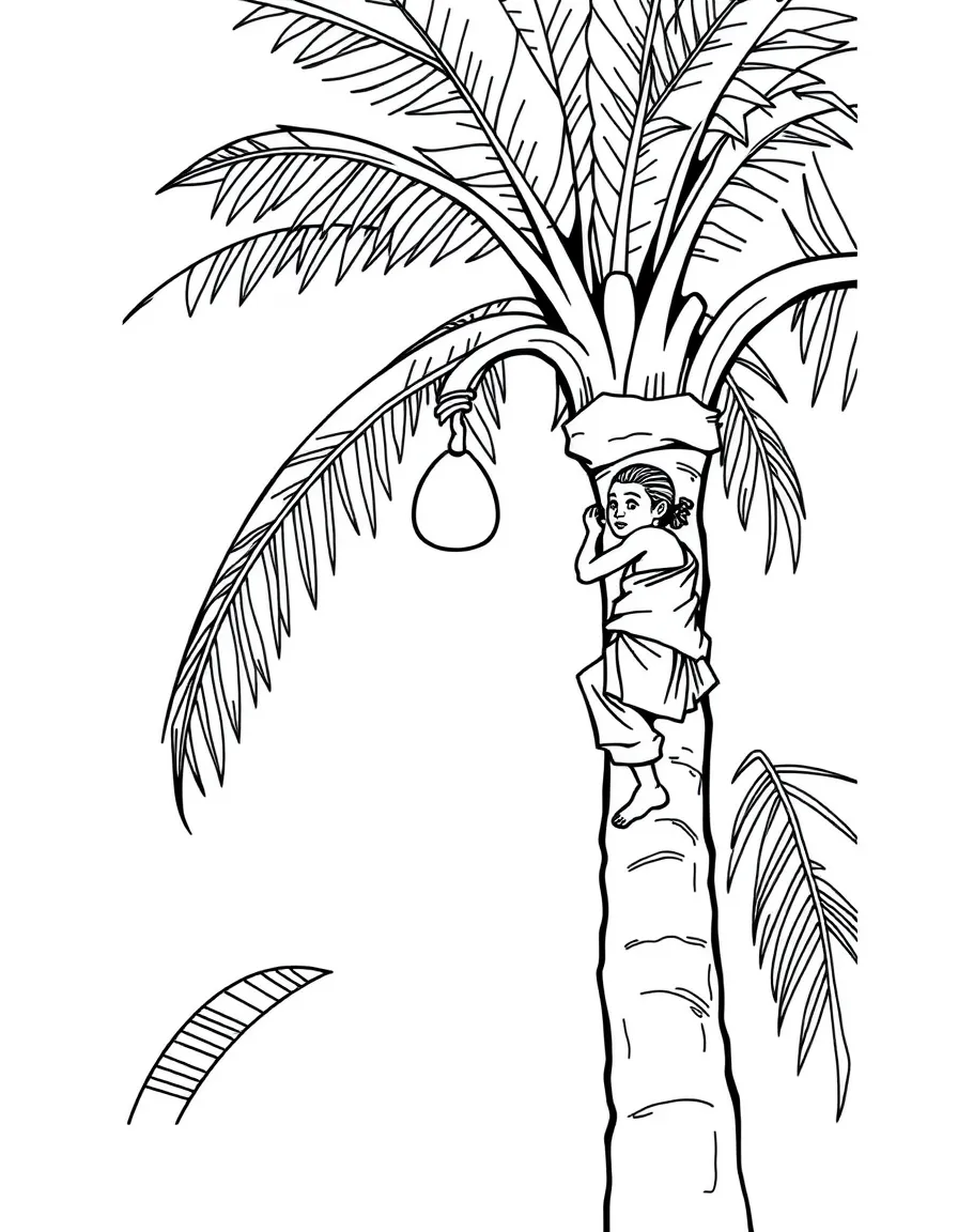 (Nigeria) A palm wine tapper climbing a tall palm tree with a gourd to collect sap.