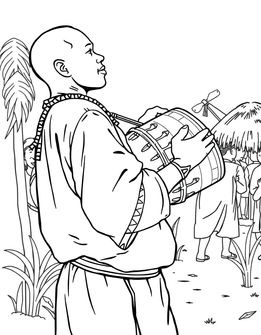 (Nigeria) A musician playing a talking drum tucked under his arm at a village celebration.