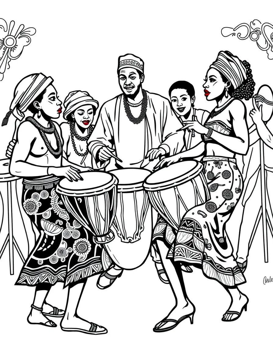 (Nigeria) A group of drummers and dancers performing lively Afrobeat music.