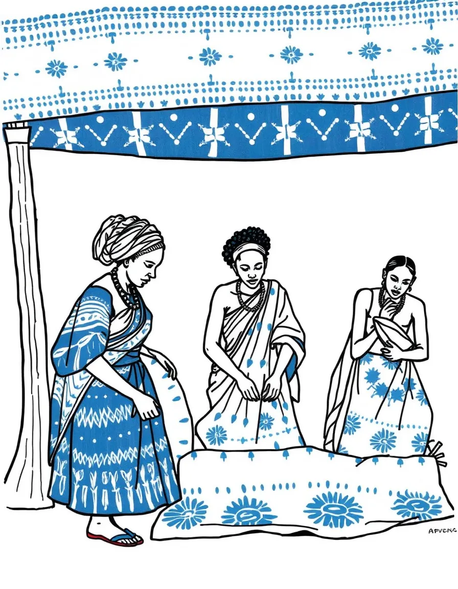 (Nigeria) Artists dyeing cloth with indigo patterns (adire tie-dye) in southwestern Nigeria.