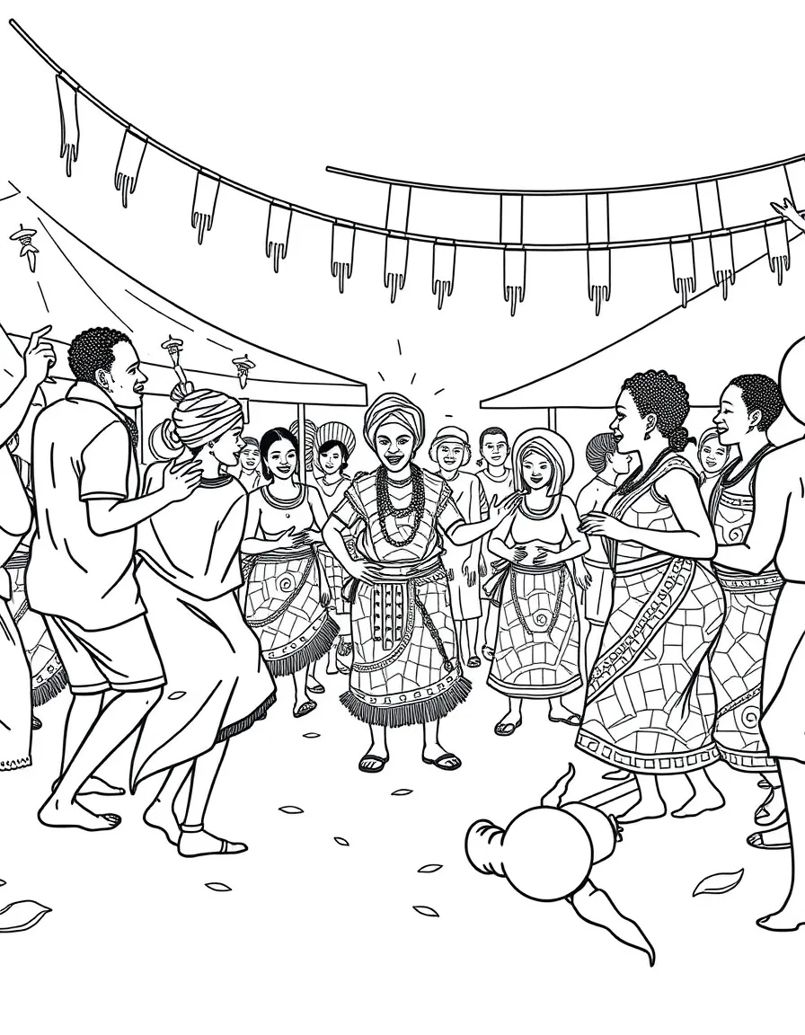(Nigeria) A lively scene from the New Yam Festival with people dancing and showcasing yams.