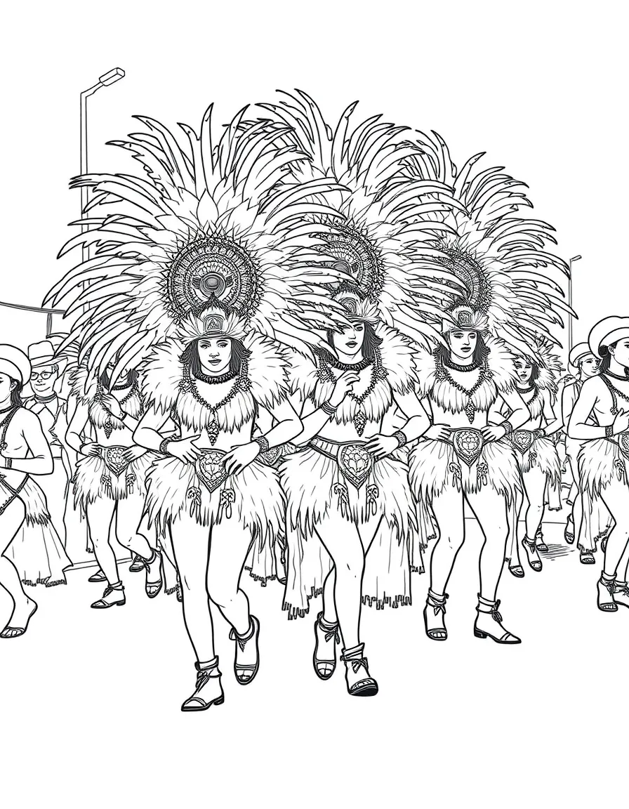 (Nigeria) Performers in vibrant feathered costumes parading at the Calabar Carnival.