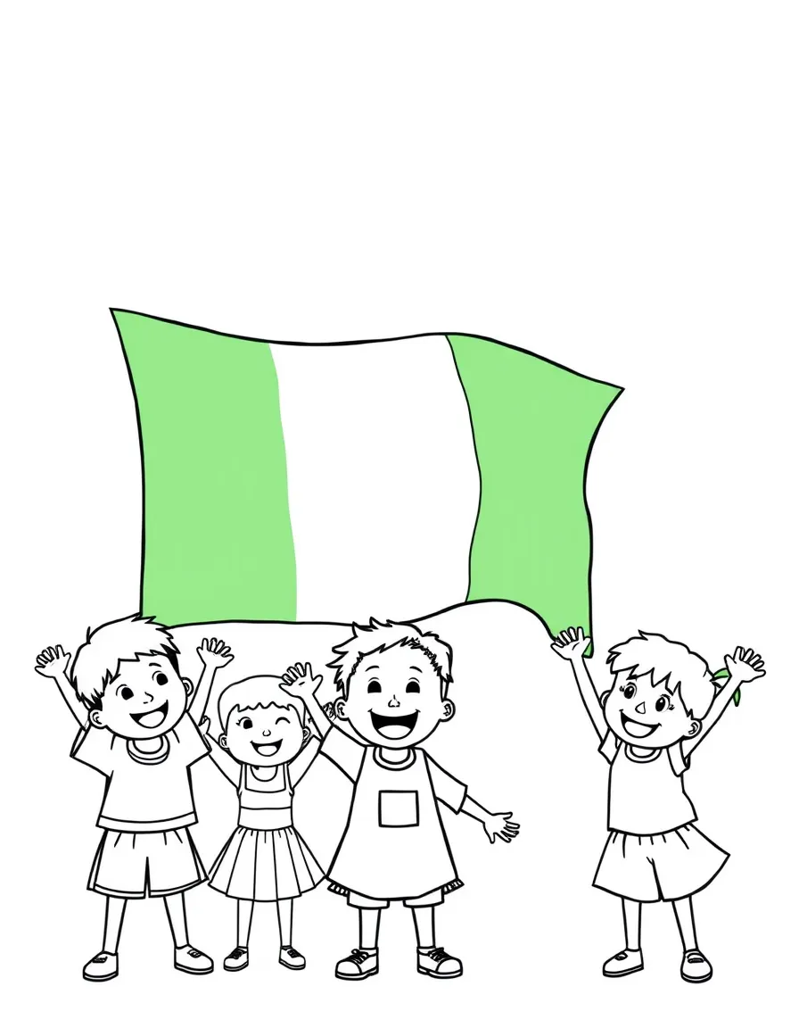 (Nigeria) The Nigerian flag (green-white-green) being waved by happy children.