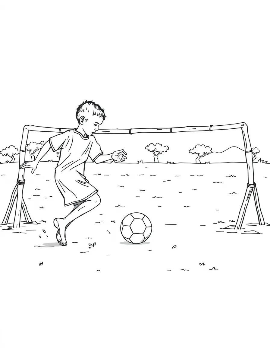 (Nigeria) Two kids playing soccer barefoot on a dusty field with makeshift goalposts.