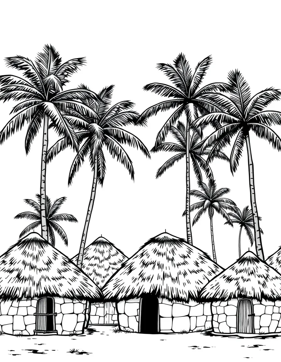 (Nigeria) A village of round mud huts with thatched roofs under tall palm trees.