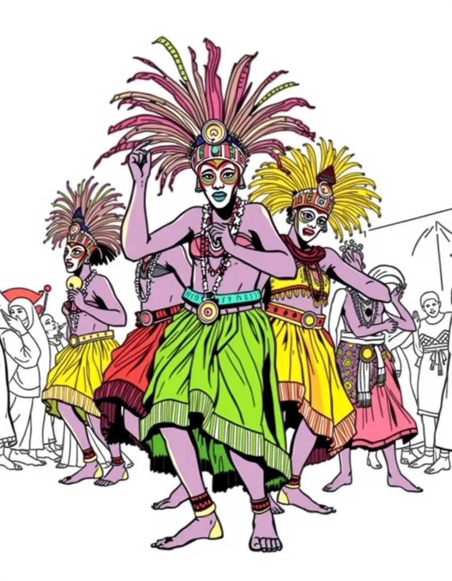 (Nigeria) A group of masquerade dancers in colorful costumes at a community festival.