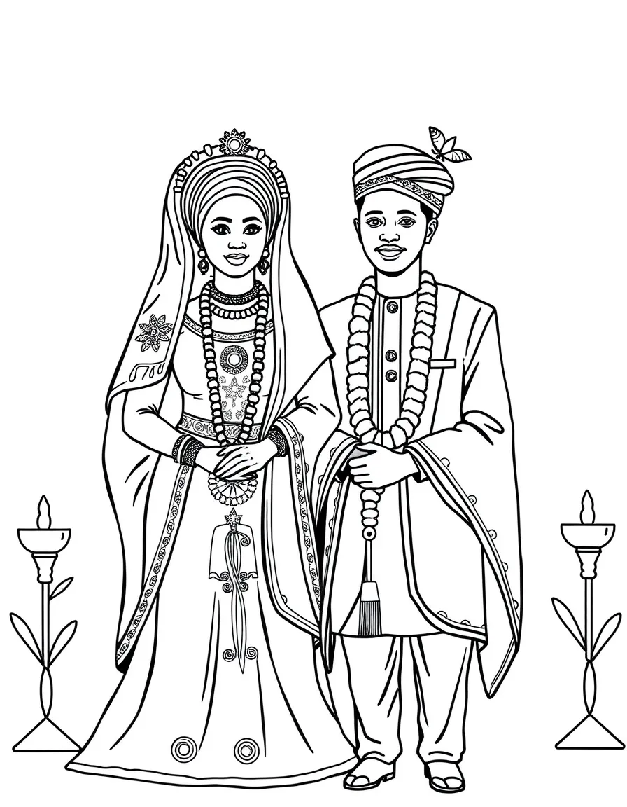 (Nigeria) A traditional wedding ceremony with the bride and groom in native attire.