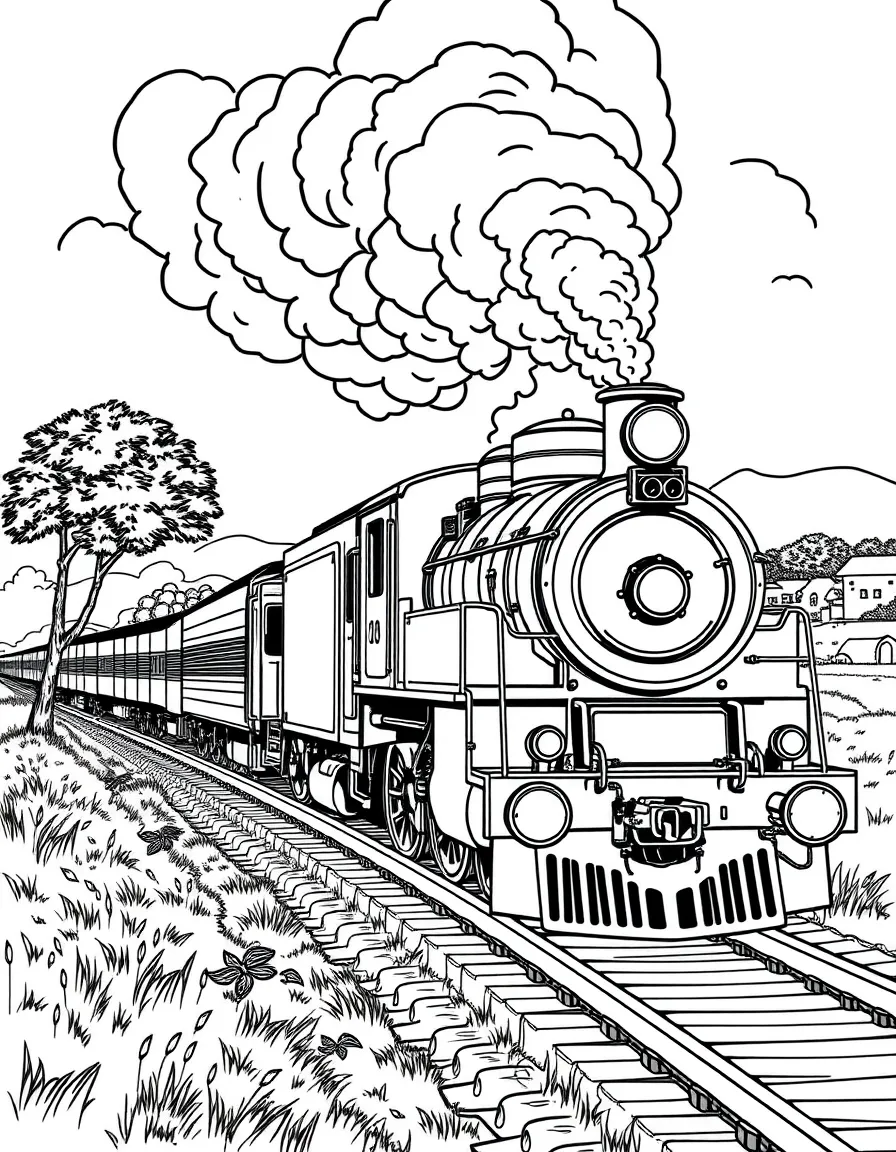 (Nigeria) An old steam locomotive of the Nigerian Railway passing through the countryside.