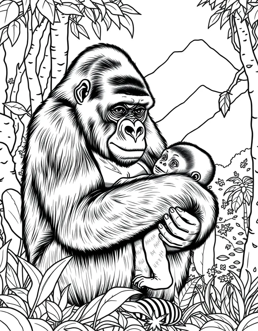 (Nigeria) A rare Cross River gorilla mother carrying her baby in a mountain forest.