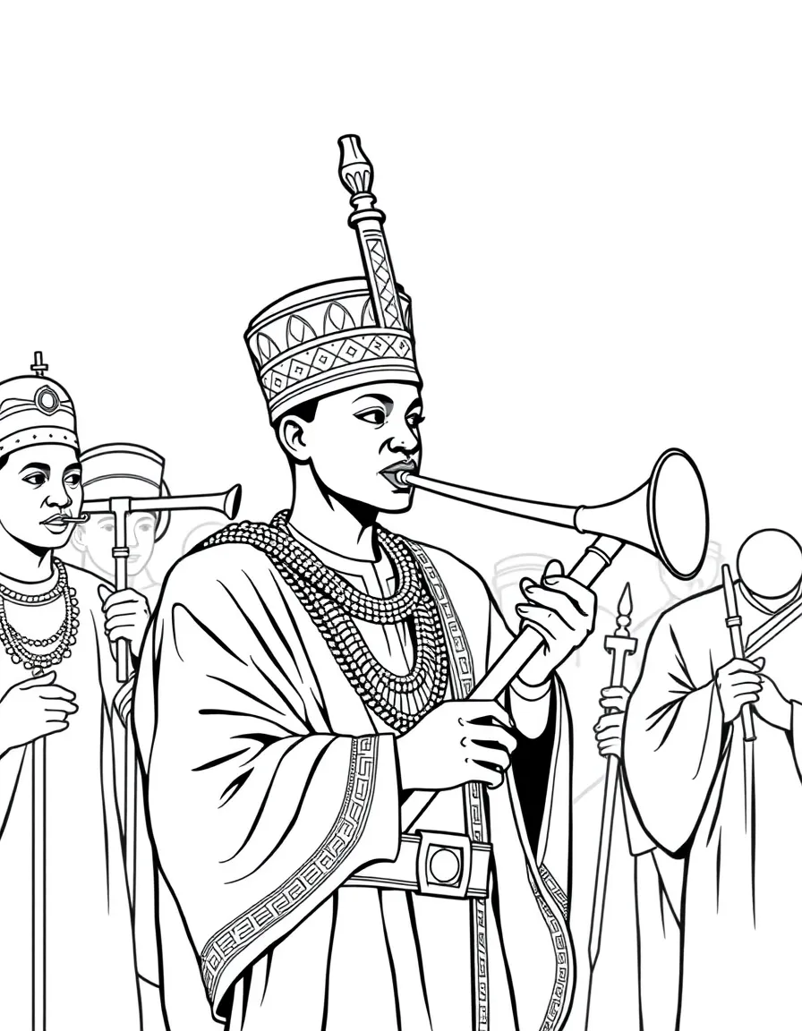 (Nigeria) A Hausa royal guard blowing a long kakaki trumpet at a traditional ceremony.